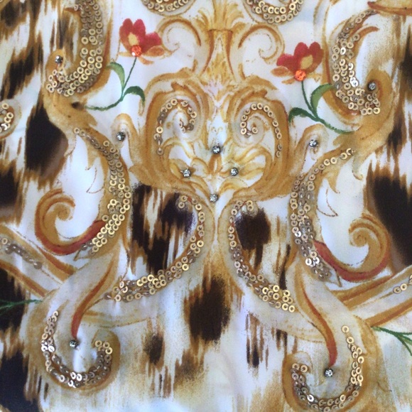 CHICOS SCROLL PATTERNED GOLD EMBELLISHED SILKY TUNIC SMALL - Picture 12 of 16